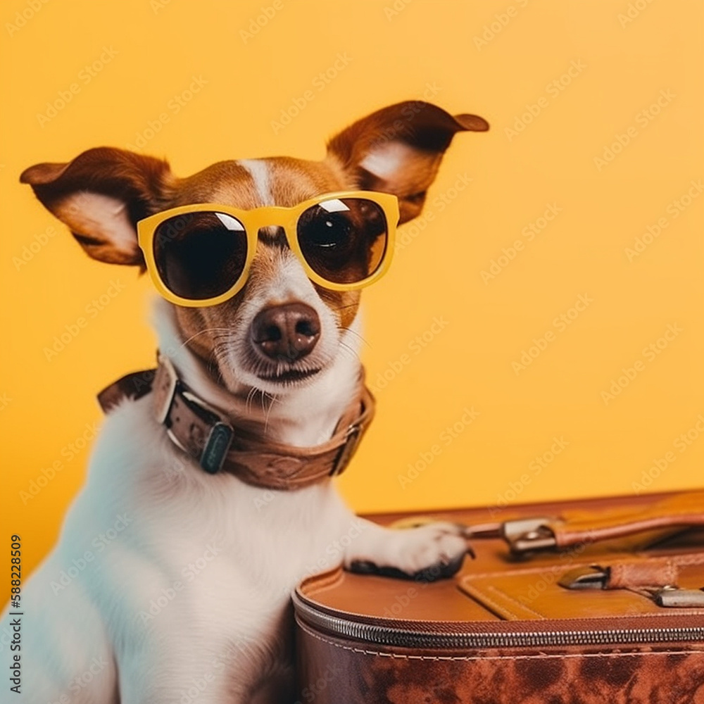 Perro con gafas de sol preparado con las maletas para las vacaciones