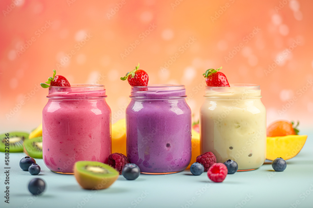 Delicious summer tropical refreshment, delicious fruit smoothie made from exotic fruits, healthy snack and energy for the whole day. Illustration, Generative AI. Delicious summer tropical refreshment, delicious fruit smoothie made from exotic fruits, healthy snack and energy for the whole day. Illustration, Generative AI.