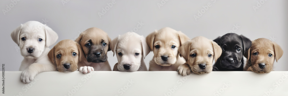 Different puppies peeks out from behind a white wall, Generative AI Different puppies peeks out from behind a white wall, Generative AI