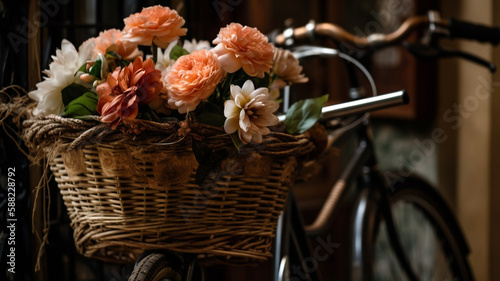 Beautiful bicycle with flowers in a basket stands on the street, Generative AI