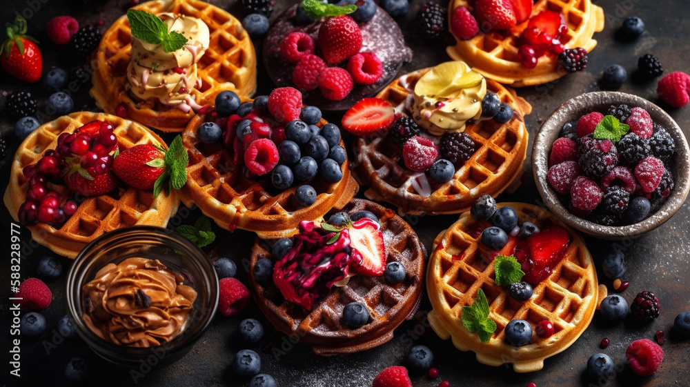 Belgian waffles with various toppings, berries, and sauce on dark background. AI generative