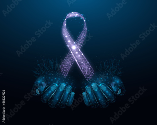 Two human hands are holds purple ribbon awareness. Wireframe glowing low poly. Bladder cancer, Alzheimers, Cystic Fibrosis, Lupus, Epilepsy, Domestic Violence concept