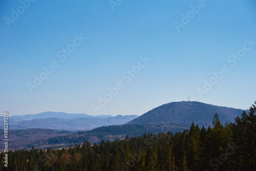 Beautiful mountains covered with evergreen forest on sunny day. Natural landscape with mountain ranges and valleys