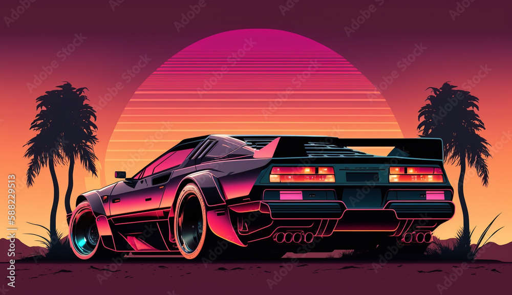 Retro car on the background of the sunset. Generative digital illustration of AI of a non-existent car model