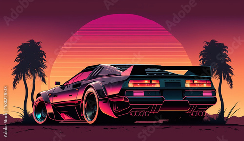 Retro car on the background of the sunset. Generative digital illustration of AI of a non-existent car model