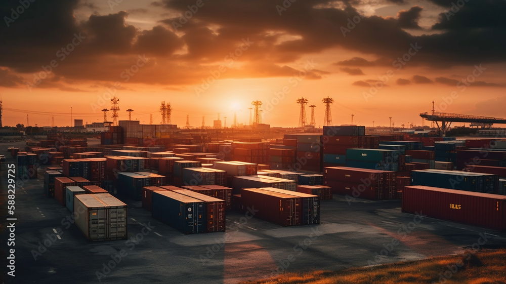 Storage at port with containers at sunset, Generative AI