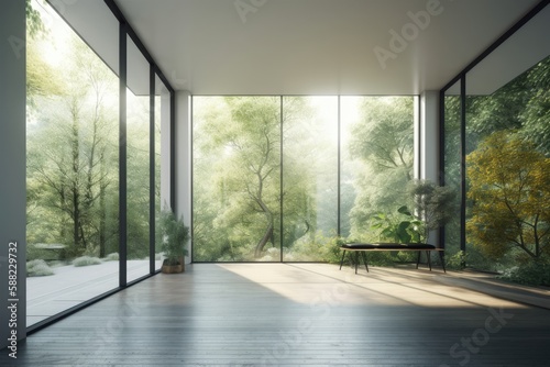 Illustration of an empty room with natural light pouring in from large windows and a wooden bench in the center. Generative AI
