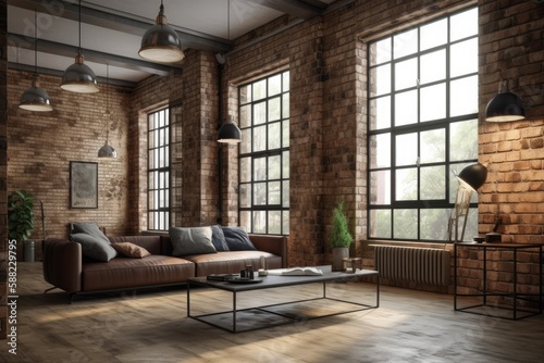 cozy living room with exposed brick walls and ample natural light from large windows. Generative AI © AkuAku