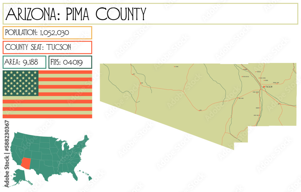 Large and detailed map of Pima County in Arizona, USA.
