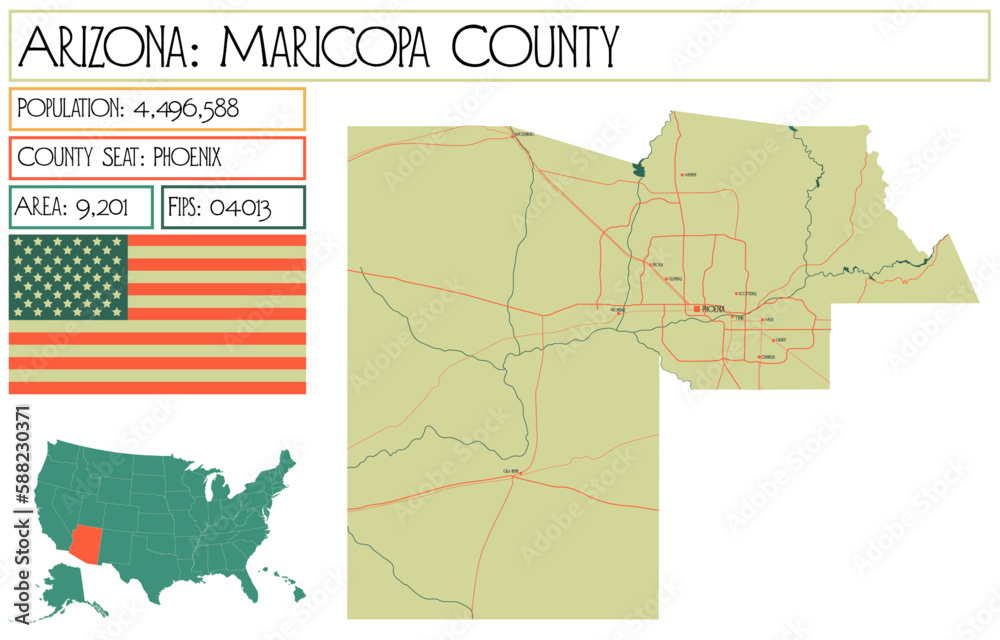 Large and detailed map of Maricopa County in Arizona, USA.