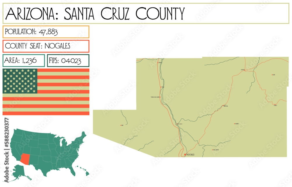 Large and detailed map of Santa Cruz County in Arizona, USA.