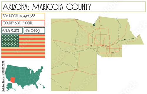 Large and detailed map of Maricopa County in Arizona, USA.