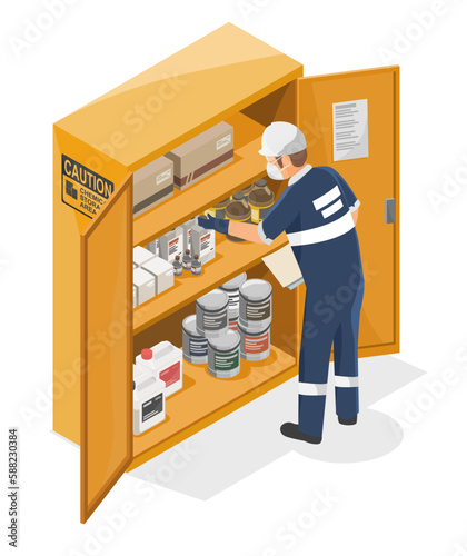 Worker in Caution Danger Chemical Storage  Cabinet area Industrial factory standard symbols concept illustration isometric isolated vector