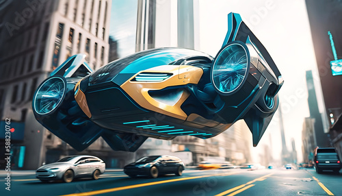 A futuristic car is flying through the city, generative AI