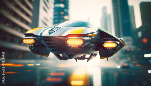 A futuristic car is flying through the city, generative AI