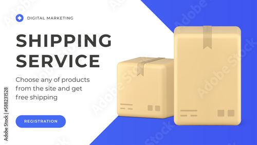 Shipping service digital marketing cargo postal parcel delivery social media banner 3d icon vector