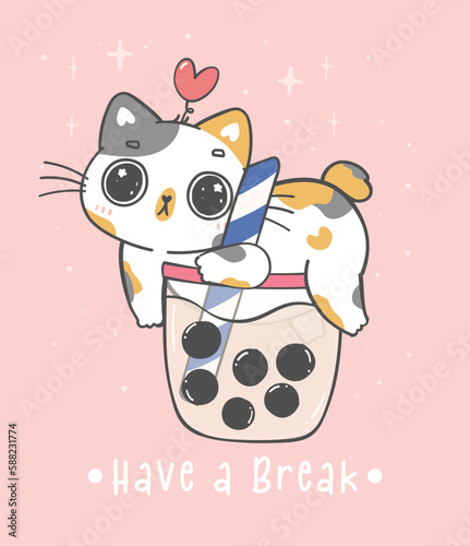 cute milk tea cat,  kawaii  Boba Cat, adorable cartoon animal doodle hand drawing.