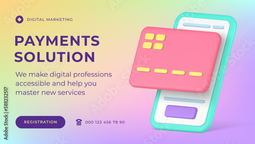 Digital payment marketing solution banking smartphone app social media banner 3d icon vector