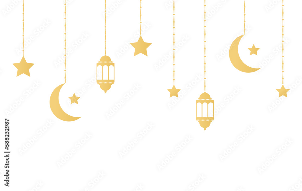 Ramadan Kareem frame with golden lantern, crescent, star, lamp. Greeting garland hanging gold bauble icons. Muslim festival banner. Arabian celebration design element. Islam decoration. Vector Ramadan Kareem frame with golden lantern, crescent, star, lamp. Greeting garland hanging gold bauble icons. Muslim festival banner. Arabian celebration design element. Islam decoration. Vector