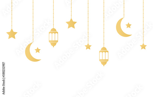 Ramadan Kareem frame with golden lantern, crescent, star, lamp. Greeting garland hanging gold bauble icons. Muslim festival banner. Arabian celebration design element. Islam decoration. Vector 