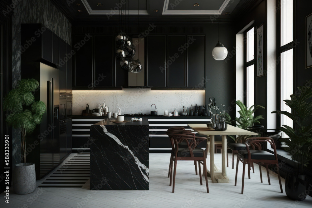 Details of modern kitchen with LED lightning, black cabinets and black ... - Black Kitchen Cabinets With Led Lighting