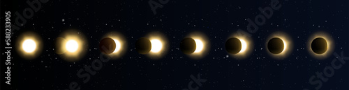 Fototapeta Naklejka Na Ścianę i Meble -  Solar eclipse in different phases. Cosmos with moon and sun in total and partial solar eclipse and stars isolated on transparent background, vector realistic illustration
