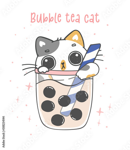 cute kawaii cat drinking boba tea, adorable cartoon animal doodle hand drawing.