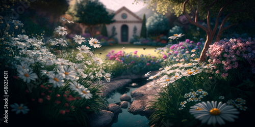 Beautiful blooming flowers in a serene garden setting Generative AI