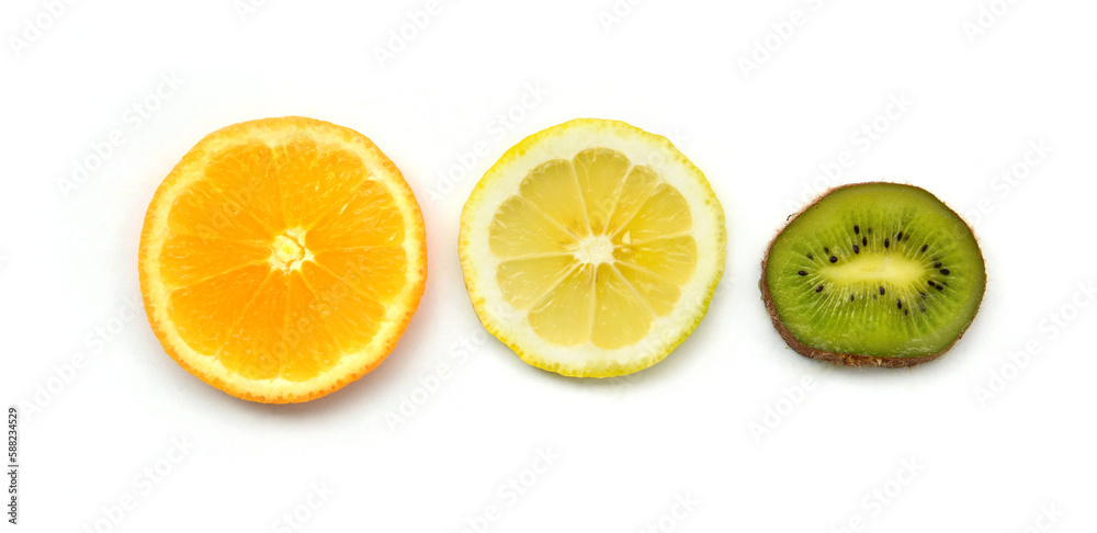 Fruit slices set, closeup on white background. Bright pieces of fresh lemon, orange, and kiwi. Chineese gooseberry and citruses, colorful exotic fruit cut into circles. Tasty food, healthy diet.
Fruit slices set, closeup on white background. Bright pieces of fresh lemon, orange, and kiwi. Chineese gooseberry and citruses, colorful exotic fruit cut into circles. Tasty food, healthy diet.