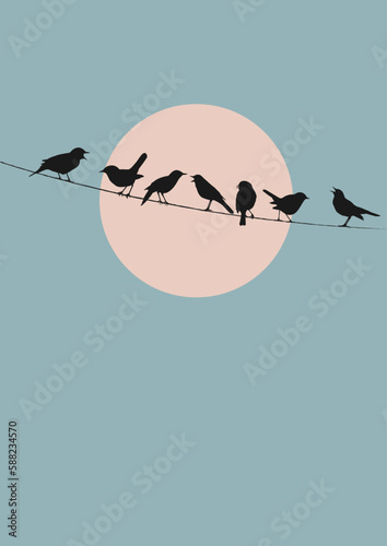 Birds sitting on a wire. Vector illustration of a flock of birds sitting on a wire. Sketch for creativity.