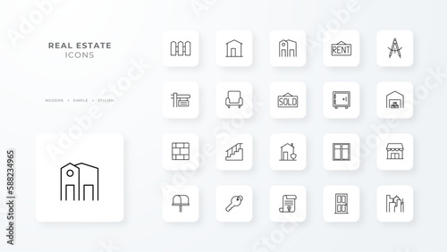 Real Estate icons collection with black outline style. building, home, house, sale, rent, apartment, agent. Vector illustration