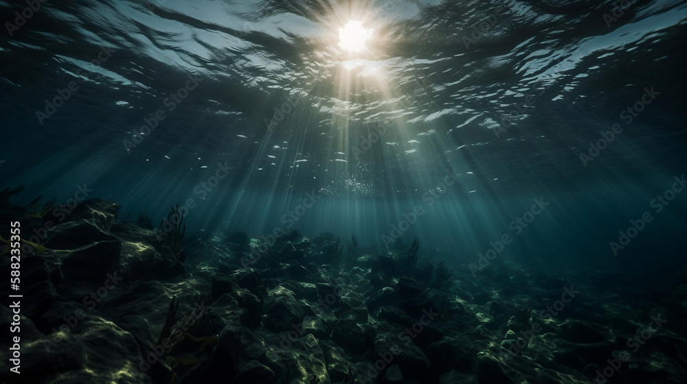 Naklejka premium under water with dramatic lighting in the ocean made by. Generative ai