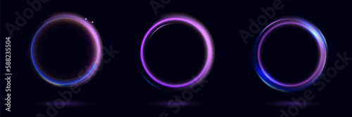 Neon swirl. Curve blue line light effect. Abstract ring background with glowing swirling background. Energy flow tunnel. Blue portal, platform. Magic circle vector.