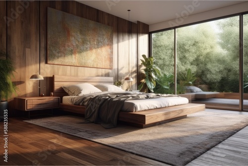 serene bedroom with a comfortable bed and large window overlooking a peaceful view. Generative AI