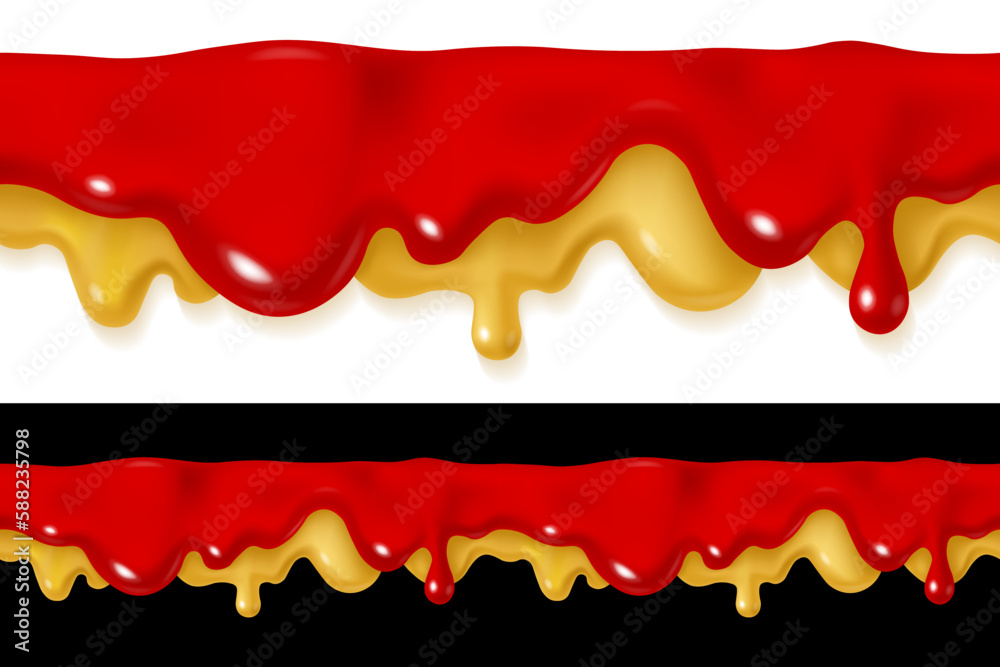 Vetor de Dripping ketchup and mustard sauce design. Vector 3d liquid