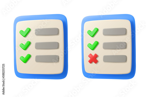 3d icon list with checkmark. Survey or feedback concept, isolated on white background