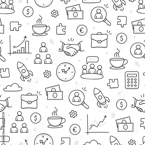 Business job icon doodle seamless pattern background. Business teamwork, office, career concept doodle line sketch style pattern with money, rocket, calculator element. Vector illustration
