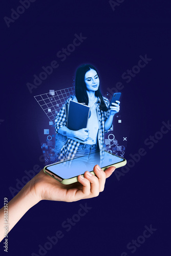 Composite futuristic hitech collage of young girl hold smartphone virtual hologram hold book browsing internet isolated on blue background