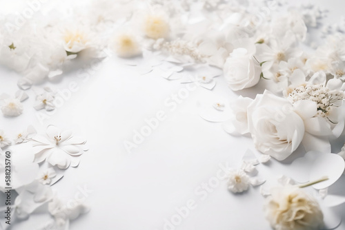 White flowers forming border around white space. 