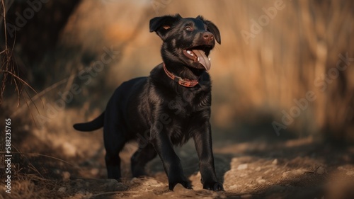 Happy black puppy in nature. Generative AI © _veiksme_