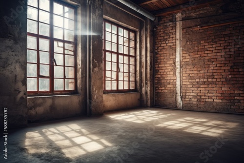 Illustration of an empty room with natural light coming through two windows and a textured brick wall. Generative AI