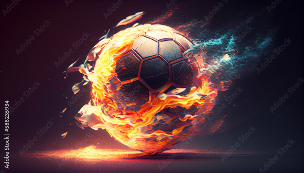 Fototapeta premium Flying football or soccer ball on fire, black background.