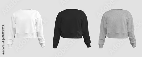 White, black, heather crop sweatshirt mockup, longsleeve 3D rendering front view, female shirt isolated on background. Set
