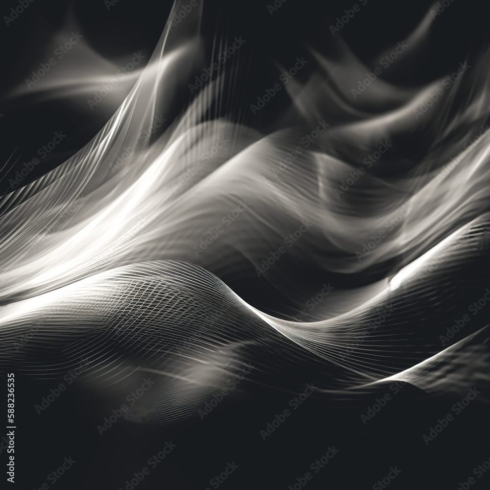 Abstract black background with white soft lines, generative AI.