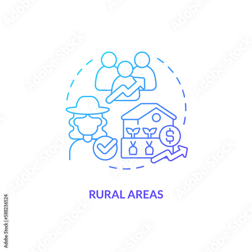 Rural areas blue gradient concept icon. Jobs, growth and equality. Agriculture policy objective abstract idea thin line illustration. Isolated outline drawing. Myriad Pro-Bold font used