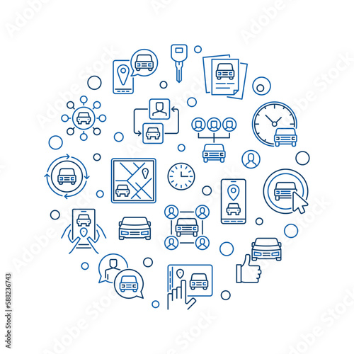 Car Sharing outline round banner - Carsharing concept vector circle shaped line illustration