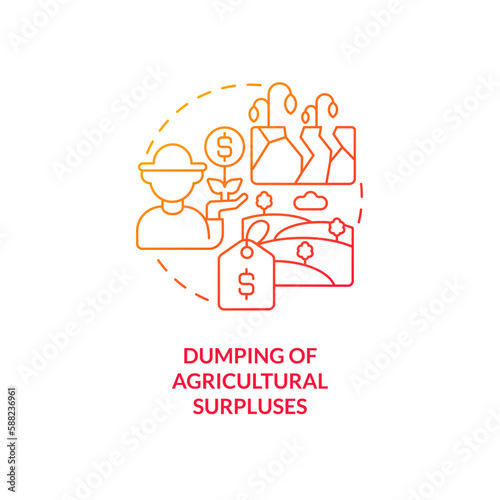 Dumping of agricultural surpluses red gradient concept icon. Disadvantage of farming policy abstract idea thin line illustration. Isolated outline drawing. Myriad Pro-Bold font used