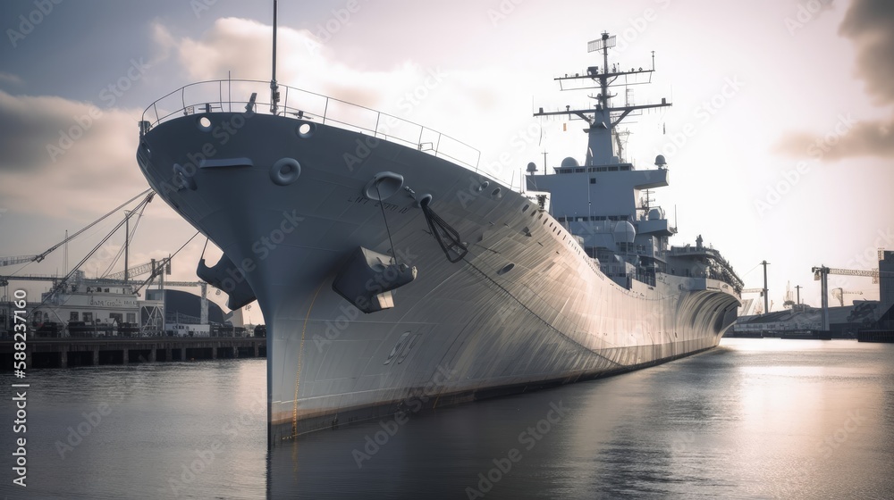 Close-Up of Military Ship Docked in Commercial Port. Concept. Generative AI. Close-Up of Military Ship Docked in Commercial Port. Concept. Generative AI.