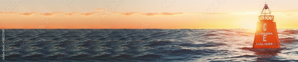 Solitary Buoy at Sunset on Open sea. Banner Format. Generative AI.