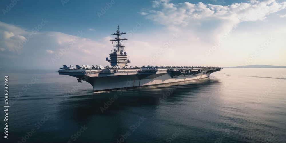 Fighter Jets onto Military Navy Ship Carrier for Troop Preparation in open sea. Concept. Generative AI.